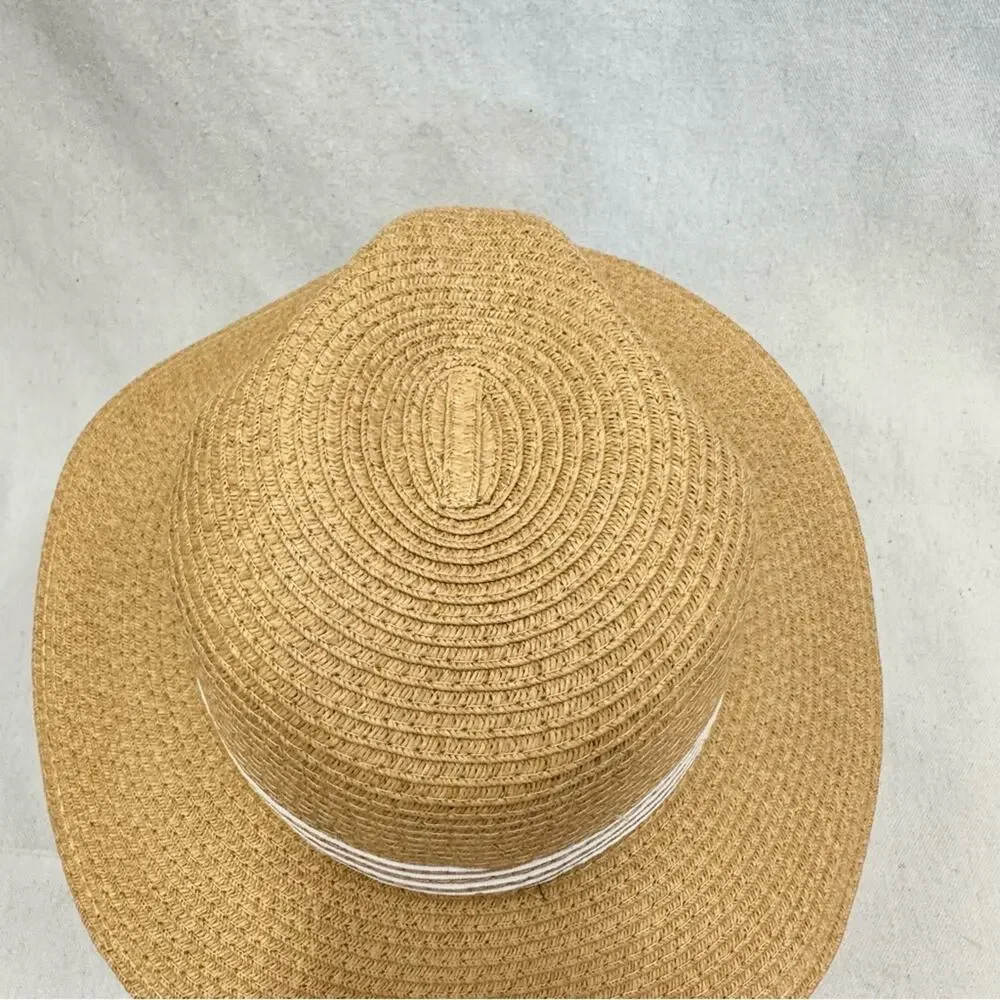 Adrienne Vittadini straw fedora hat in Toast w/ white‎ stripe band One Size NWT